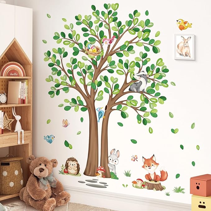 decalmile Woodland Animals Large Forest Tree Wall Decals Fox Rabbit Hedgehog Wall Stickers Baby Nursery Toddler Room Living Room Wall Decor