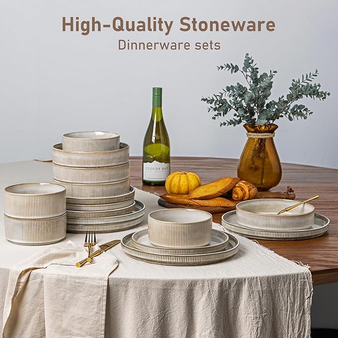 GBHOME Stoneware Dinnerware Sets for 8,Round Reactive Glaze Ceramic Plates and Bowls Set,Highly Scratch Resistant| Dishwasher & Microwave Safe Dishes Set,Service for 8(24pc)