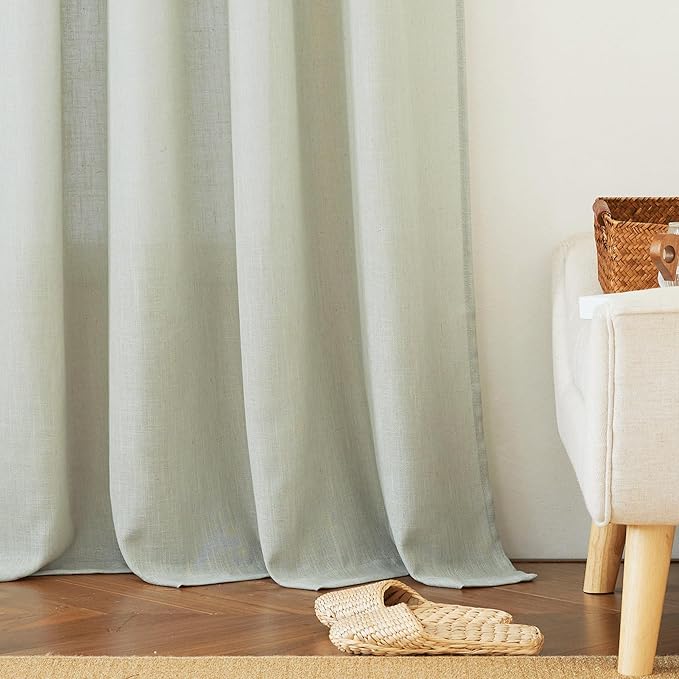 RYB HOME Green Linen Curtains Extra 70 inches Widith, Light Filtering Privacy Assured Machine Washable Vintage for Bedroom Kids Room Bathroom, W 70 x L 84 inch, 2 Pcs, Sage Green