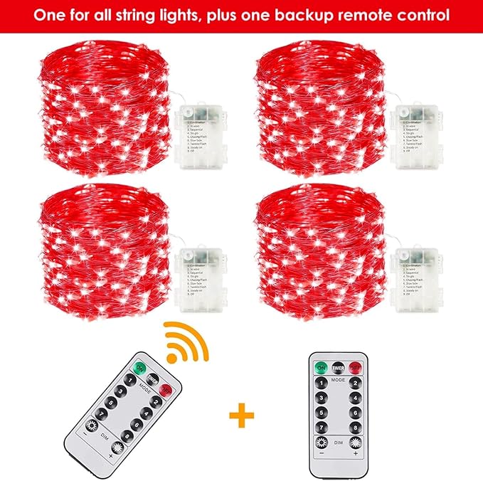 4-Pack 33FT 100 LED Fairy Lights Battery Operated with Remote & Timer, Fairy Christmas String Lights for Bedroom Decor, Waterproof 8 Modes Twinkle Lights for Room (Red)