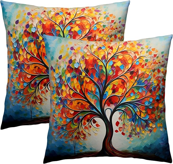 Colorful Tree Painting Pillow Cover - Watercolor Trees Throw Pillow Covers 16x16 Set of 2 Botanical Throw Pillow Covers Forest Pillowcase Spring Summer Decor for Indoor Outdoor