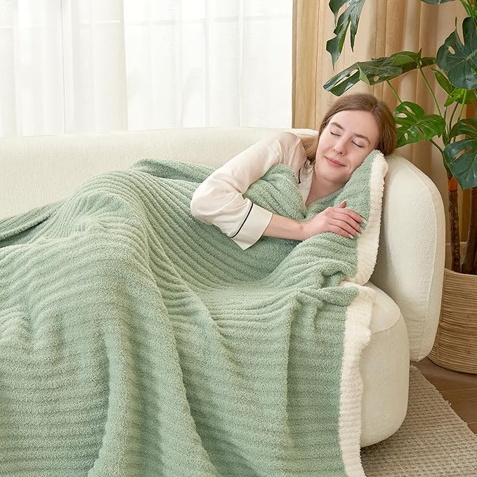 Snuggle Sac Soft King Size Blanket for Bed, Cozy Soft Fuzzy Microfiber Knit Stripe Bedding Blankets, Sage Green, 108x90 inches