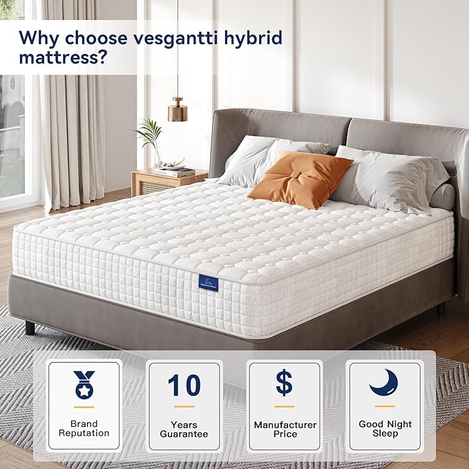 Vesgantti 8 Inch Multilayer Hybrid Queen Mattress - Multiple Sizes & Styles Available, Ergonomic Design with Memory Foam and Pocket Spring, Medium Firm Feel, White