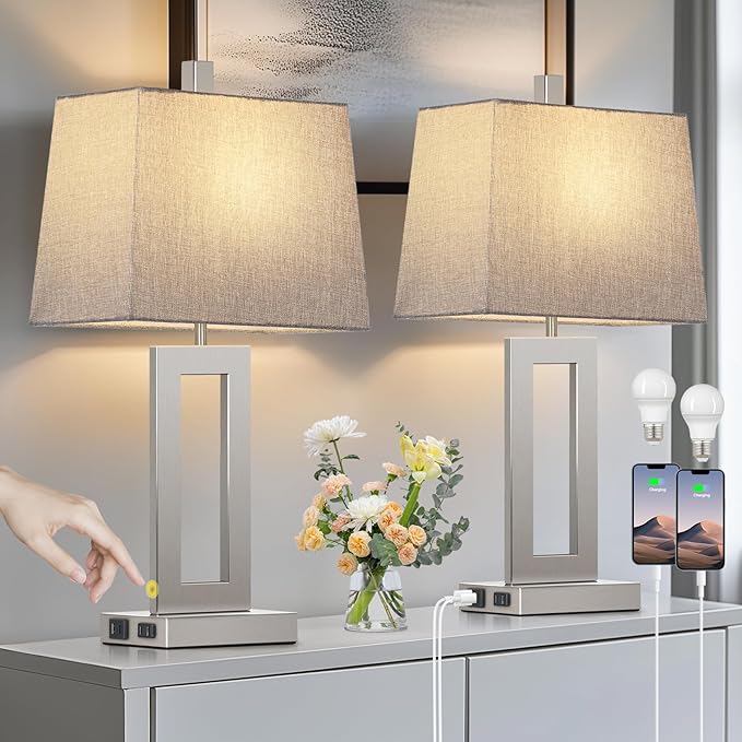 Touch Control Table Lamp Set of 2, Modern Silver Bedside Lamps with USB C+A Ports & AC Outlet, 3 Way Dimmable Bedroom Lamps for Night Stands Bedroom Living Room,Nightstand Lamp