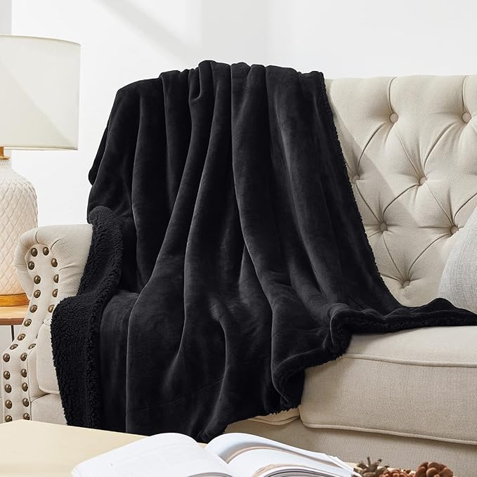 Walensee Sherpa Fleece Blanket (King Size 108”x90” Black) Plush Throw Fuzzy Super Soft Reversible Microfiber Flannel Blankets for Couch, Bed, Sofa Ultra Luxurious Warm and Cozy for All Seasons