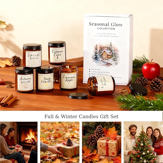 Fall Candles Set - 6 Pack Candles for Home Scented, Fall Scented Candles for Autumn Gift Home Decoration, Natural Non Toxic Soy Candle Gifts for Women, Cinnamon Apple/Autumn Wreath