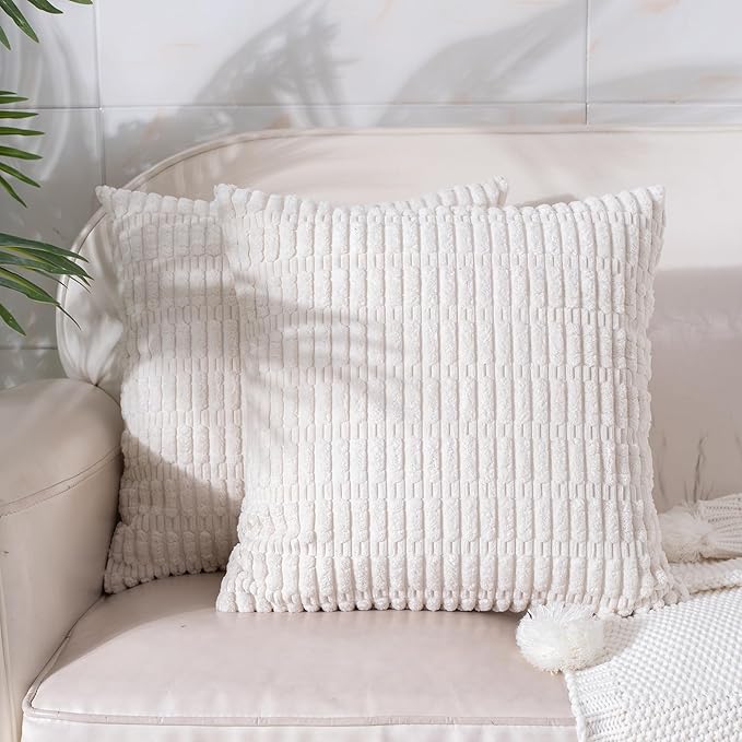 Corduroy Decorative Throw Pillow Covers 16x16 Inch Set of 2, Soft Boho Striped Spring Pillow Covers Modern Farmhouse Home Decor for Sofa Living Room Couch Bed Cream White