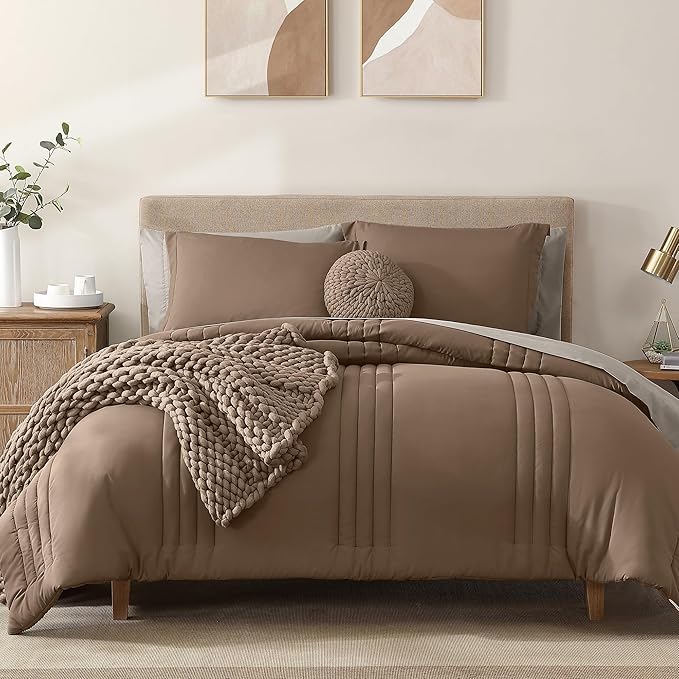 Monbix King Size Comforter Set - 7 Pieces Bed in a Bag King, Raw Umber Bedding Sets with Comforter, All Seasons Down Alternative Comforter Bed Set with Sheets, Pillowcases & Shams