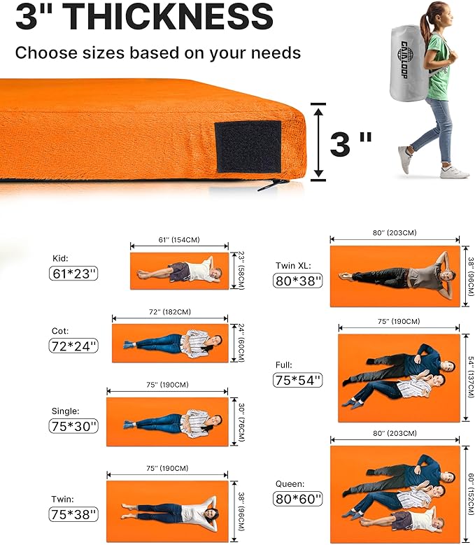 3 Inch GAIALOOP Thick Memory Foam Camping Mattress Sleeping Pad [Car/Tent/Cot] Glamping Portable Floor Mat Roll Up Futon Mattress for Guests Sleepover
