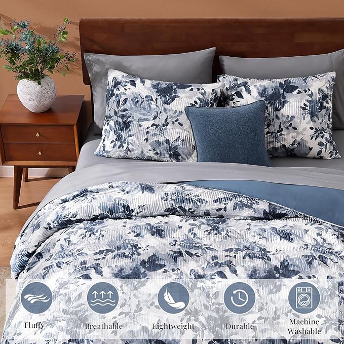 CASAAGUSTO Queen Comforter Set, 7 PCS Navy Blue Floral Comforter Set with Flowers Leaves Pattern, Soft Velvet Design for Winter Queen Size Bedding Set(90"X90")