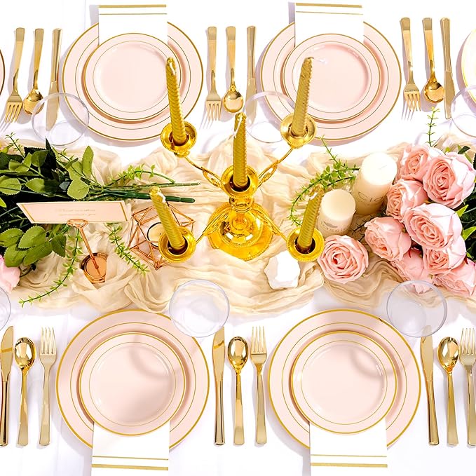 GATHER 700PCS Pink Plastic Plates - Gold Rim Disposable Plastic Dinnerware Set Include 200 Pink Plates, 300 Silverware, 100 Napkins, 100 Cups for Party & Wedding