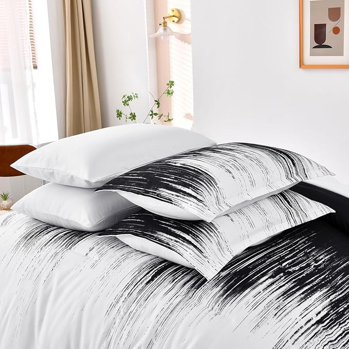 Dinjoy Ombre Black Comforter Set King Size Gradient Black White Boho Bedding Set for Teen Men Women 7 Pieces Bed in A Bag Bohemian Bed Set with Comforter, Sheets, Pillowcases & Shams