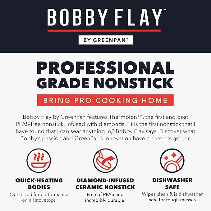 GreenPan x Bobby Flay 13 Piece Nonstick Cookware Pots and Pans Set, PFAS-Free Diamond Ceramic, Induction Suitable, Easy Clean Dishwasher & Oven Safe, Stay-Cool Silicone Handles, Glass Lids, Cream