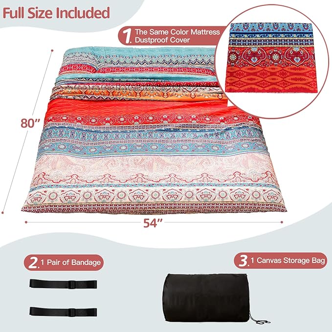 MAXYOYO Bohemian Retro Mattress Vintage Floral Japanese Futon Roll Up Tatami Floor Mat Foldable Bed Portable Camping Mattress Sleeping Pad Floor Lounger Couch Bed Full Size