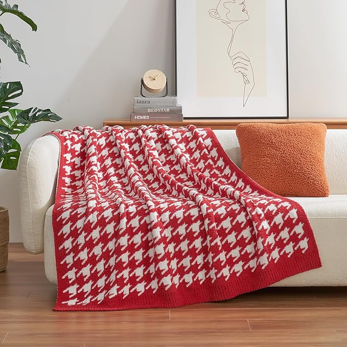 Snuggle Sac Christmas Red Houndstooth Throw Blanket for Couch, Reversible Super Soft Warm Blankets Cozy Knit Fuzzy Plush Lightweight Throws for Sofa Bed Houndstooth Red, 50x60 inches