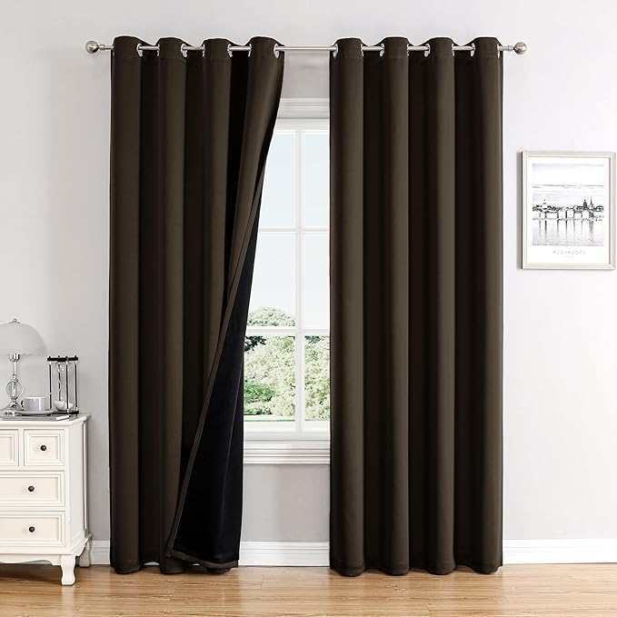 ChrisDowa 100% Blackout Curtains 102 inch Long for Bedroom with Black Liner, 2 Thick Layers Total Blackout Thermal Insulated Grommet Window Curtains 2 Panels Set (Brown, 52 x 102 Inch)