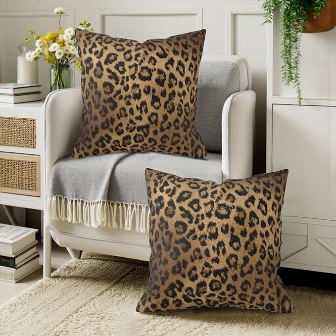 Brown Throw Pillow Covers - Leopard Pillow Cover 22x22 Cheetah Print Cushion Cases Set of 2 for Couch Sofa Porch