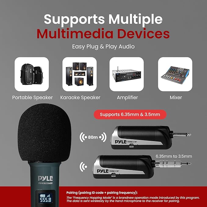 Pyle Portable UHF Band Receiver System, 4 Channel Wireless Microphone System Independent Channel Controls, RF Signal LCD Indicator, Digital Audio Microphone Set with 4 Handheld Microphones