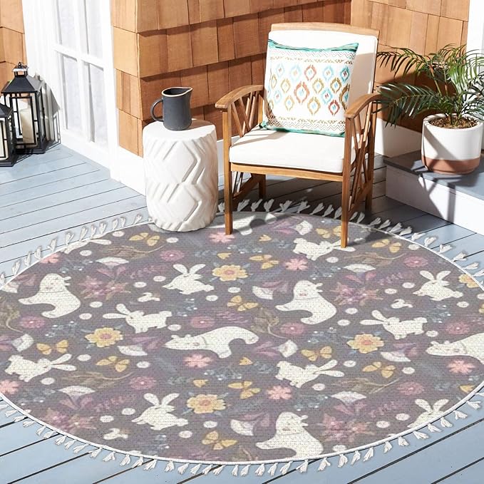 Round Rugs Autumn Forest Cute Bear Rabbit Flowers Butterflies Cartoon Boho Area Rug Linen and Cotton Carpet Meditation Washable Hallway Runner Mat Accent for Bedroom Bathroom 3ft, Multi5