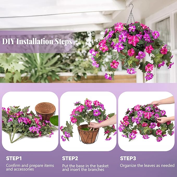 Artificial Hanging Fake Flowers with Basket Plants for Outdoor Decoration, Faux Silk Flower UV Resistant Morning Glory for Home Porch Patio Garden Balcony Yard Look Real (Red Lotus)