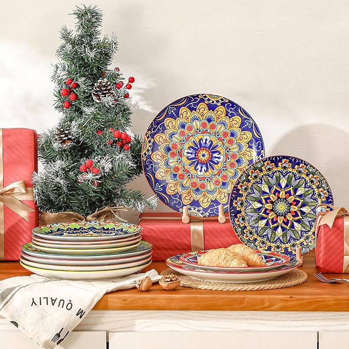 AHX Colorful Ceramic Plate Set of 6 – 8.7 Inch Bohemian Porcelain Plates for Serving Dessert, Appetizer and Salad – Microwave and Dishwasher Safe - Perfect for Party, Daily Meals and Gift Occasions