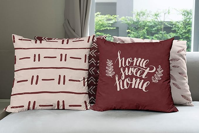 Ambesonne Modern Throw Pillow Cushion Case Pack of 4, Scandinavian Minimal Ornaments Boho Feather Leaves and Home Phrase Print, Modern Accent Double-Sided Digital Printing, 18", Pale Tan and Burgundy