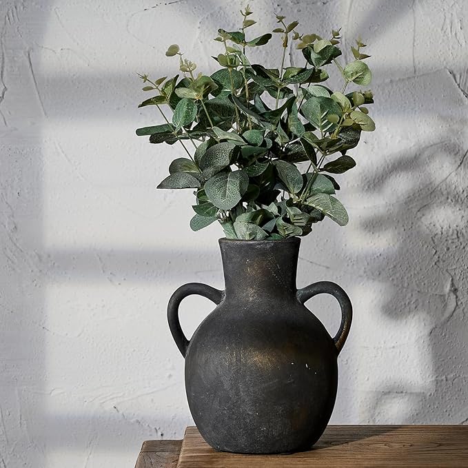 SIDUCAL Rustic Ceramic Farmhouse Flower Vase with 2 Handles, Terracotta Vase, Decorative Pottery Flower for Home Decor, Table, Wedding, Living Room, Shelf Decor, 7.3 Inch, Black Bronze