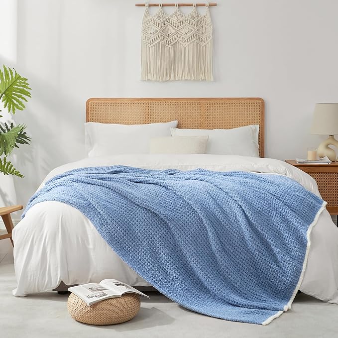 Snuggle Sac Blue Waffle Bedding Blankets Queen Size 90x90 inches, Reversible Microfiber Fluffy Fuzzy Soft Throw Cozy Knit Blanket for Women Mothers Birthday Gifts