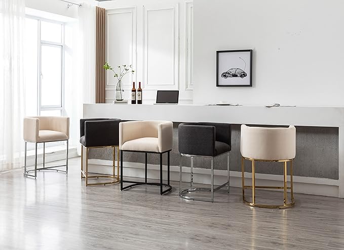 Modern Counter Height Linen Upholstered Bar Stools Set of 2, 24" Kitchen Counter Island Stools Bar Chairs with Chrome Finish Metal Frame for Kitchen Island, Cream