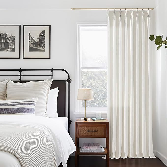 Pinch Pleated Linen Curtains 90 Inches Long for Living Room Cream Ivory Light Filtering Pinch Pleat Hooks Rings Back Tab Neutral Boho Farmhouse 90 Inch Curtain Drapes for Bedroom Window 1 Panel