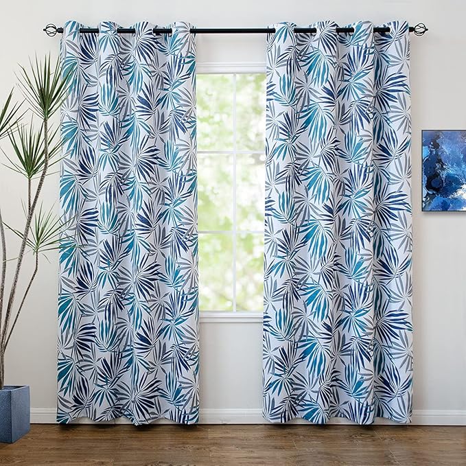 Linentalks Blue Leaf Curtains for Bedroom, Blue Gray Patterned Blackout Curtains 96 Inch Length 2 Panels Set, Light Blocking Room Darkening Curtains Grommet Thermal Insulating Navy Black Out Drapes