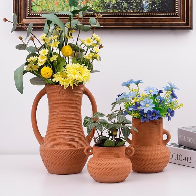 Terracotta Vases Sets, Farmhouse Decor, Ceramic Vase for Flower, Wide Mouth Rustic Home Decor Vases for Flowers, Living Room,Table,Shelf and Accessories (3)