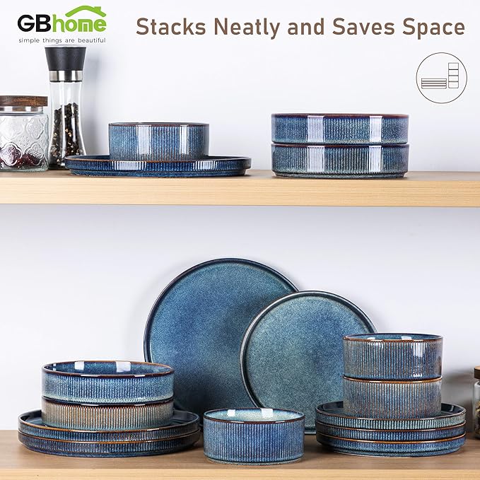 GBHOME Stoneware Dinnerware Sets for 6,Round Reactive Glaze Ceramic Plates and Bowls Set,Highly Scratch Resistant | Dishwasher & Microwave Safe Dishes Set,Service for 6(18Pcs)