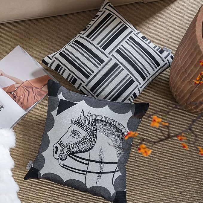 Premium Throw Pillow Covers 22x22 Inches - Black White Geometric Patchwork Chenille Jacquard Embroidery Decorative Couch Pillow Covers for Living Room Bedroom Sofa