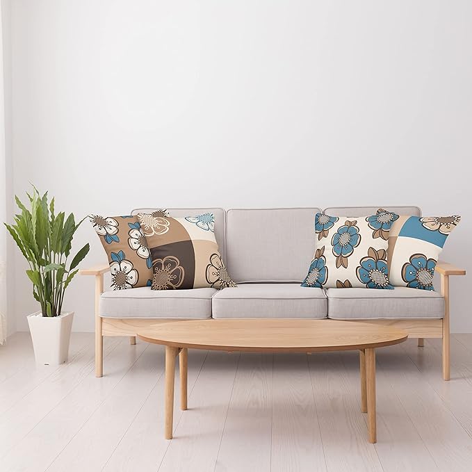 Ambesonne Retro Throw Pillow Cushion Case Pack of 4, Nostalgic Flower Petals Spring Vibes on Earthy Colors Mosaic Tile Themed, Modern Accent Double-Sided Digital Printing, 20", Sea Blue Umber and Tan