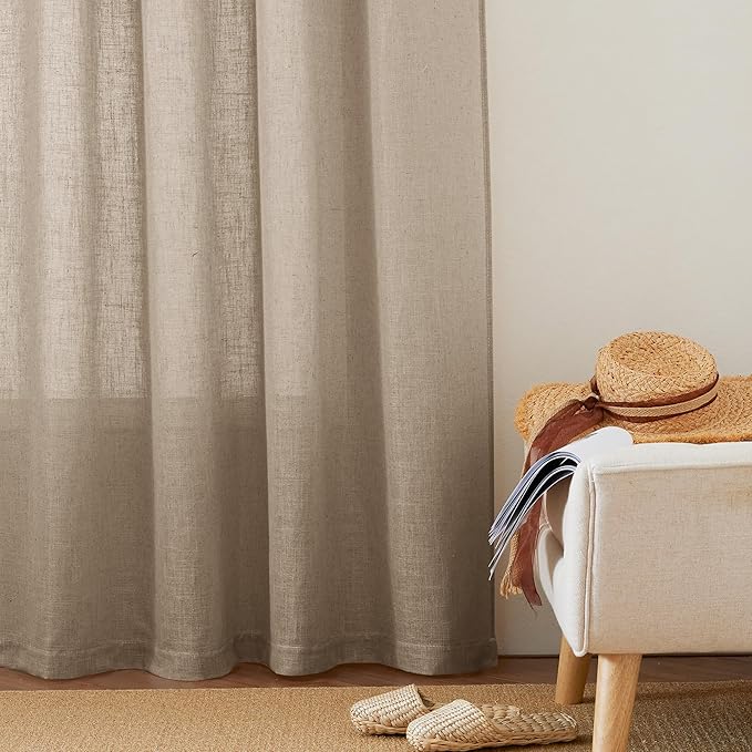 RYB HOME Privacy Semi Sheer Linen Curtains 72 inches Long, Rod Pocket Linen Blend Elegant Light Filtering Privacy Protected Panels for Farmhouse Cottage, Khaki, 52" W, 2 Panels