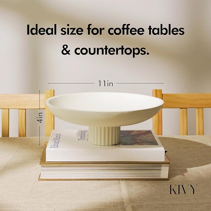 KIVY Concrete Fruit Bowl for Kitchen Counter - Large Decorative Pedestal Bowl for Home Decor - Modern Key Bowl for Entryway Table - White