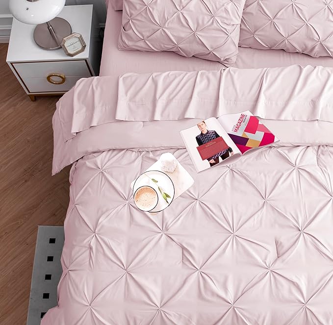 LANE LINEN Twin Comforter Set, 5 Piece Twin Size Bed in a Bag Sets, Pintuck Bedding Sets & Collections with Pink Comforter, Sheets, Pillowcases & Shams, Soft Twin Bedding Set - Sepia Rose