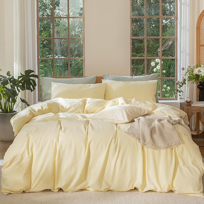 MooMee Bedding Duvet Cover Set 100% Washed Cotton Linen Like Textured Breathable Durable Soft Comfy (Heathered Butter Yellow, Full 80"x90")