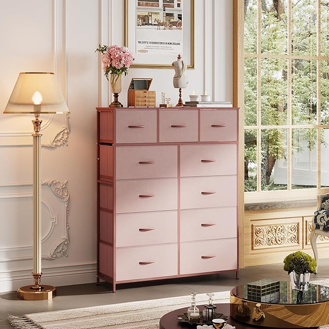 WLIVE Storage Organizer Unit with 11 Fabric Bins, Storage Drawers Organizer with Steel Frame, Tall Storage Tower Organizaton for Living Room, Hallway, Office, Office, Pink