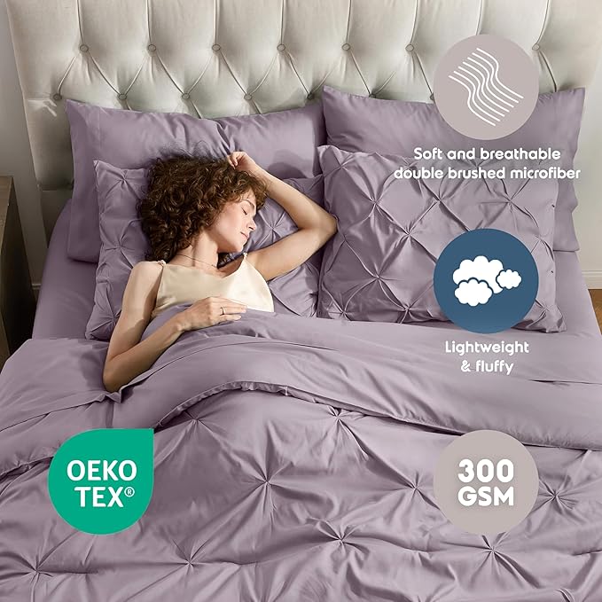 Nestl Queen Comforter Set 7 Piece - Pinch Pleated Comforters Queen Size Dusty Purple, Bed in a Bag Queen All Season, Queen Comforter Sets Bedding with Flat Sheet, Fitted Sheet, Pillowcases and Shams