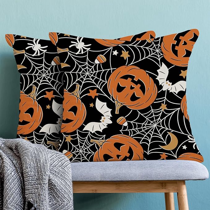 Halloween Pillow Covers 18 x 18 Inch, Burnt Orange Pumpkin Black Spider Webs Bat Decor Throw Pillows for Home Couch Bed, Fall Autumn Holiday Decorative Pillowcase Linen Cushion Cover Set of 2