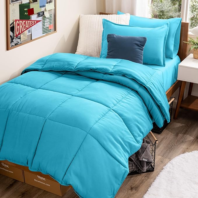 Bare Home Bed-in-A-Bag 5 Piece Comforter & Sheet Set - Twin XL - Goose Down Alternative - Ultra-Soft 1800 Premium Bed Set (Twin XL, Aqua/Aqua)