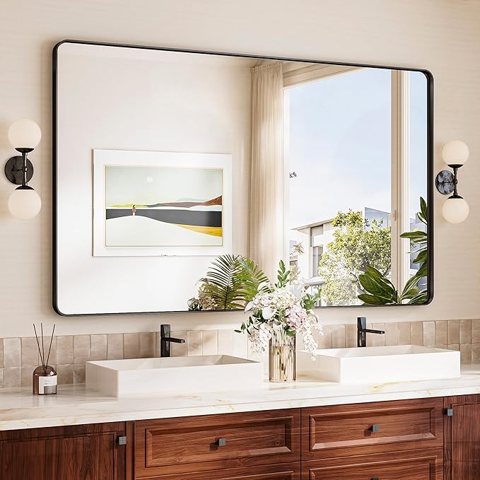 TokeShimi Black Vanity Mirror 60x36,Bathroom Mirror Framed Seamless,Tempered Glass,Rectangle Mirror for Bathroom,Shatterproof Bathroom Wall Mirror(Horizontal/Vertical)