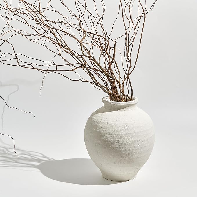LB2 Large White Ceramic Vase, 11" Tall Zen Style Rustic vase, Terra Cotta Pitcher Vase, Distressed Farmhouse Decor, Pottery Decorative Flower for Home Decor (H 11.8" X 11")