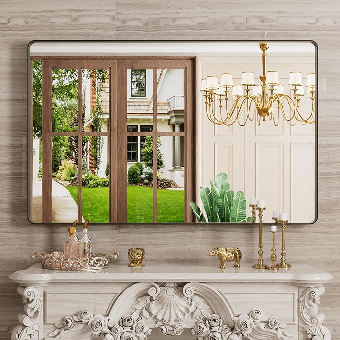 Black Bathroom Mirror 48X30 Inch, Black Metal Framed Mirror for Wall, Rounded Rectangle Matte Bathroom Vanity Mirror with Tempered Glass, Anti-Rust, Horizontal/Vertical