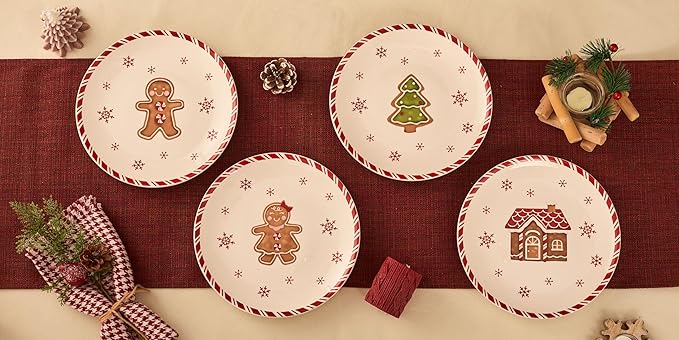 Bico Traditional Christmas Gingerbread Man Ceramic 8.75 inch Holiday Salad Plates Set, Set of 4, for salad, appetizer, tapas, Microwave and Dishwasher Safe, Scratch Resistant