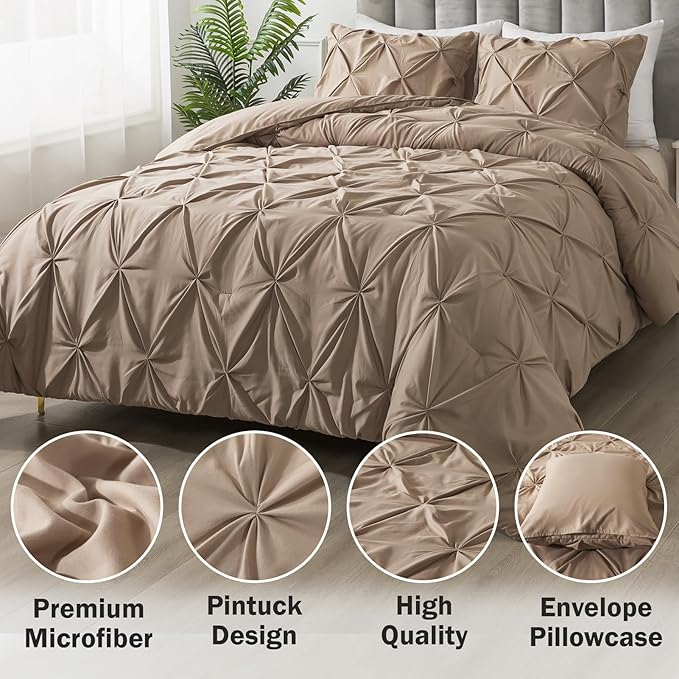 Andency Taupe Comforter Twin(66x90Inch), 2 Pieces(1 Pintuck Comforter, 1 Pillowcase) Microfiber Pinch Pleat Comforter Set Twin Size, Lightweight and Soft Bedding Comforter Set