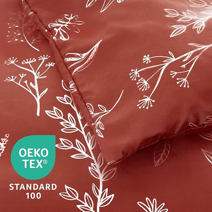 MUXHOMO Terracotta Bed in a Bag Queen 7 Pieces, Queen Comforter Set Reversible Botanical Flowers Design, Ultra Soft & Breathable Bedding Sets with Comforter, Sheets, Pillowcases & Shams