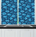 Lunarable Fish Long Kitchen Curtains, Monochrome Art Design Undersea Swimming Animals and Bubbles, 2 Panel Set Drapes with Rod Pocket Room Decor, 55" x 45", Night Blue Pale Sky Blue